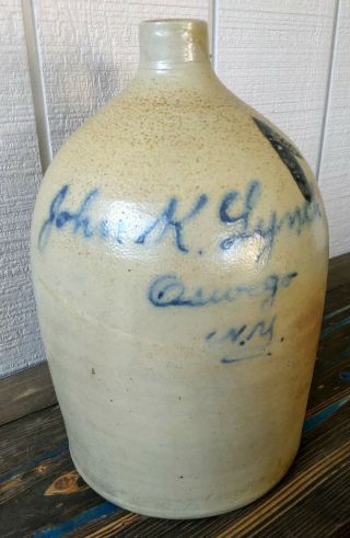 Antique Stoneware Script Jug,  2 gal w/Turkey Droppings,  John K.  Lynch Oswego,  NY 2