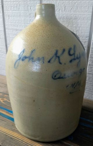 Antique Stoneware Script Jug,  2 gal w/Turkey Droppings,  John K.  Lynch Oswego,  NY 3