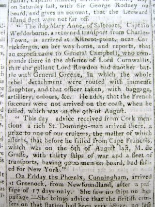 1781 REVOLUTIONARY WAR newspaper NATHANAEL GREENE @ the BATTLE OF HOBKIRKS HILL 2