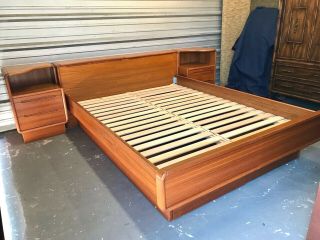 Vintage Danish Modern Teak Queen Size Platform Bed With Attaching Curved Nightst