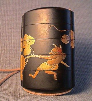 19th Century Japanese Inro Of Oni,  Monkeys And Gourd