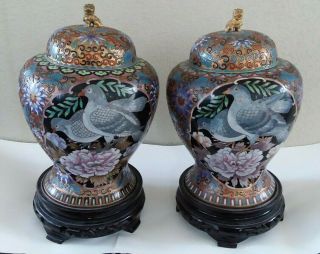 Vtg Antique Pair Chinese Champleve Cloisonne Lidded Vase Urn Enamel Bird Foo Dog 2