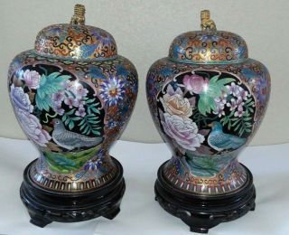 Vtg Antique Pair Chinese Champleve Cloisonne Lidded Vase Urn Enamel Bird Foo Dog 3