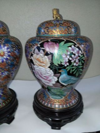Vtg Antique Pair Chinese Champleve Cloisonne Lidded Vase Urn Enamel Bird Foo Dog 4
