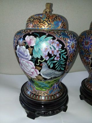 Vtg Antique Pair Chinese Champleve Cloisonne Lidded Vase Urn Enamel Bird Foo Dog 5