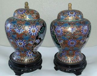 Vtg Antique Pair Chinese Champleve Cloisonne Lidded Vase Urn Enamel Bird Foo Dog 7