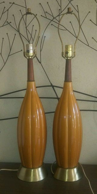 Pair Vntg Mid Century Danish Modern Walnut Pottery Genie Bottle Decanter Lamps