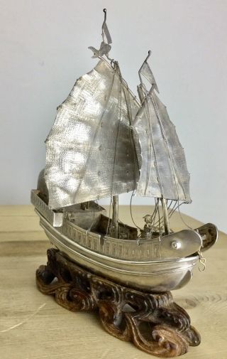 Antique Chinese Rare Luen Wo Solid Sterling Silver Junk Boat C.  1900 Mech.  Fish 8