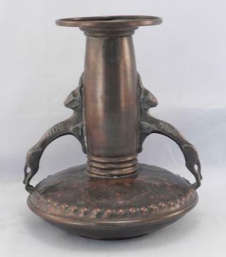 Antique Hammered Arts & Crafts Copper Vase Rabbit Handels Roycroft Stickley Era