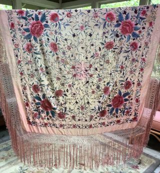Vtg AntIque Large 2 - Sided Chinese Canton Embroidered Silk Piano Scarf Shawl 2