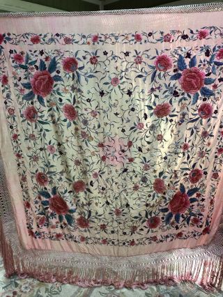 Vtg AntIque Large 2 - Sided Chinese Canton Embroidered Silk Piano Scarf Shawl 3