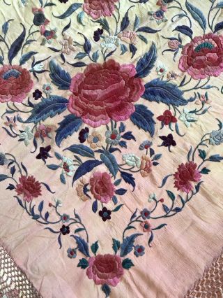 Vtg AntIque Large 2 - Sided Chinese Canton Embroidered Silk Piano Scarf Shawl 4