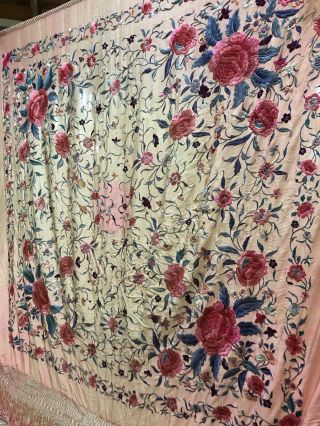 Vtg AntIque Large 2 - Sided Chinese Canton Embroidered Silk Piano Scarf Shawl 7
