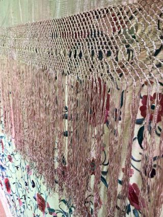 Vtg AntIque Large 2 - Sided Chinese Canton Embroidered Silk Piano Scarf Shawl 8