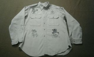 Vintage Korean War Era U.  S.  Military Khaki Shirt Jinxed Stencil Sailor Art 16.  5