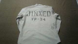 Vintage Korean war era U.  S.  military khaki shirt Jinxed stencil sailor art 16.  5 2