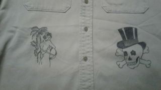 Vintage Korean war era U.  S.  military khaki shirt Jinxed stencil sailor art 16.  5 6