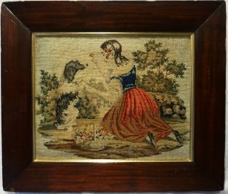 Mid/late 19th Century Needlepoint Of A Girl With Her Pet Spaniel - C.  1870