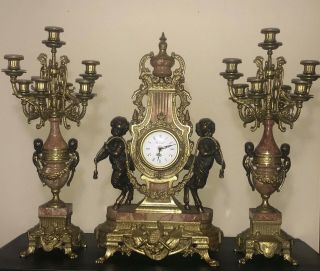 Imperial Italian Mantel Ornate Clock & Candelabra Red Marble & Bronze/brass