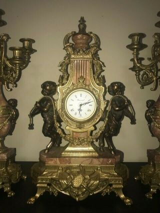 Imperial Italian Mantel Ornate Clock & Candelabra Red Marble & Bronze/Brass 2