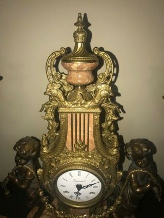 Imperial Italian Mantel Ornate Clock & Candelabra Red Marble & Bronze/Brass 3