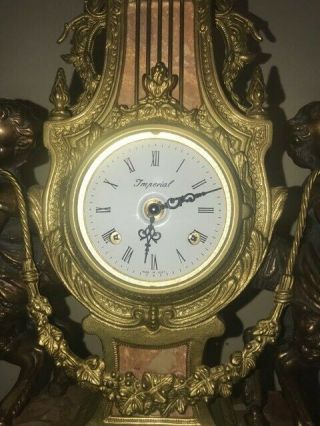 Imperial Italian Mantel Ornate Clock & Candelabra Red Marble & Bronze/Brass 4