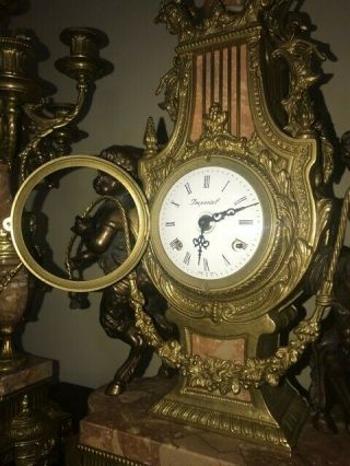 Imperial Italian Mantel Ornate Clock & Candelabra Red Marble & Bronze/Brass 5