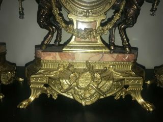 Imperial Italian Mantel Ornate Clock & Candelabra Red Marble & Bronze/Brass 6