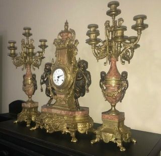 Imperial Italian Mantel Ornate Clock & Candelabra Red Marble & Bronze/Brass 9