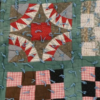 Antique Handmade Hand Stitched Patchwork Tie Feedsack Thick Quilt 65” x 82” 9
