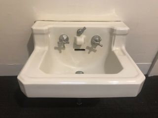 Antique White Porcelain Ceramic Bathroom Sink 1944 Vintage Art Deco Mid Century