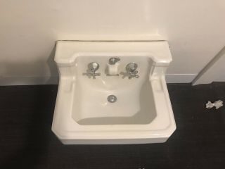 Antique White Porcelain Ceramic Bathroom Sink 1944 vintage art deco mid century 2