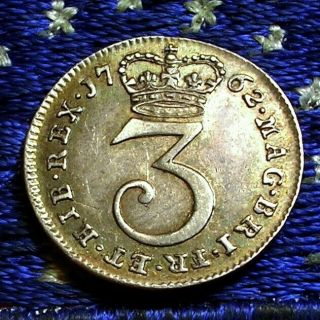 1762 GEORGE III BRITISH SILVER THREEPENCE 3 PENNY DAYS OF OLD COLONIAL COIN AU 2