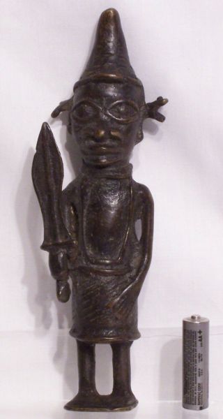Very Old Benin Cast Bronze Figure Of A Warrior With Large Sword