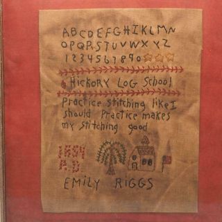 Antique Cross Stitch Sampler 1854 Hickory Log School Emily Riggs Framed