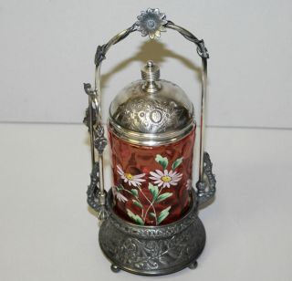 Antique Cranberry Art Glass Pickle Castor In Wilcox Silver Plated Holder