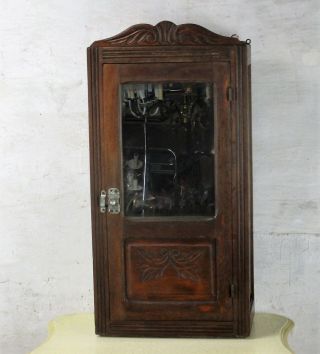 Vintage Hand Carved Wood Kitchen Medicine Apothecary Small Wall Cabinet Mirror