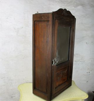 Vintage Hand Carved Wood Kitchen Medicine Apothecary Small Wall Cabinet mirror 6