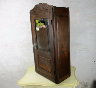 Vintage Hand Carved Wood Kitchen Medicine Apothecary Small Wall Cabinet mirror 7
