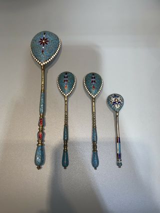 4 Russian Enamel Spoons 19th Century