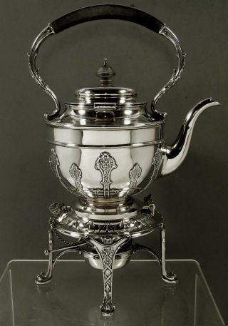 English Sterling Tea Set Kettle & Stand 1901 Queen Anne Manner 3