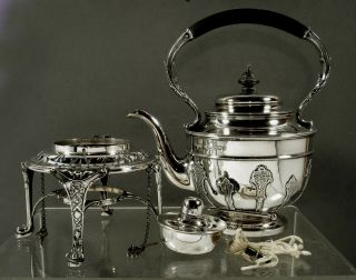 English Sterling Tea Set Kettle & Stand 1901 Queen Anne Manner 7