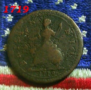 1719 GEORGE FARTHING NOTA HALF PENNY TOKEN BRITISH Colonial / OLD REDCOAT Coin 2