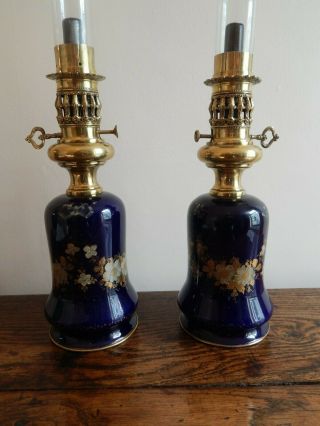 Splendid Midnight Blue Glass Moderator Oil Lamps C.  1850 Gwo