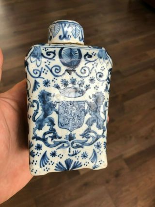Antique Dutch Delft Blue And White Tea Caddy Royal Crest Signed Chinoiserie Old