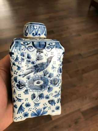 Antique Dutch Delft Blue and White Tea Caddy Royal Crest Signed Chinoiserie Old 2