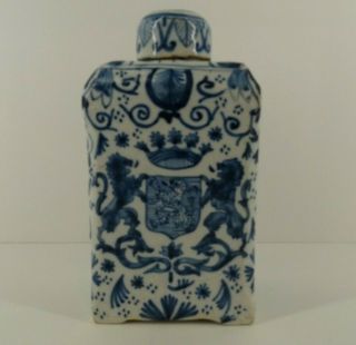 Antique Dutch Delft Blue and White Tea Caddy Royal Crest Signed Chinoiserie Old 4