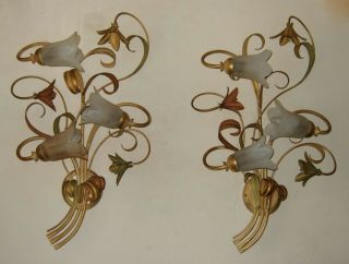 Huge Pair Antique Italian Tole Ware Wall Sconces 3 Branch With Lilies & Leaves