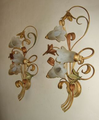 Huge Pair Antique Italian tole ware wall sconces 3 branch with lilies & leaves 2