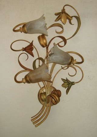 Huge Pair Antique Italian tole ware wall sconces 3 branch with lilies & leaves 3